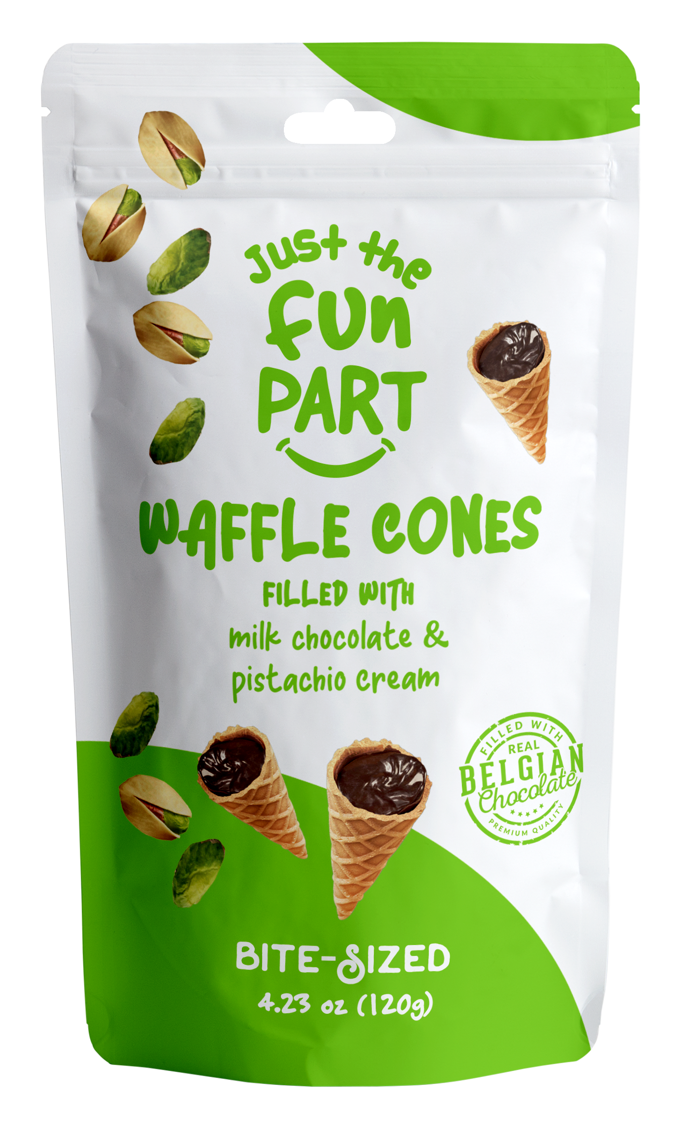 120 Gr Mini Waffle Cones Filled With Milk Chocolate & Pistachio Cream