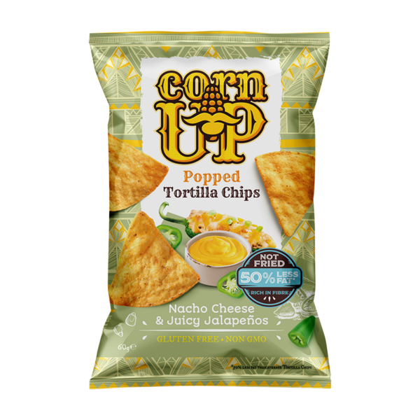 CornUP! Popped Tortilla Chips, Nacho Cheese And Juicy Halapenos, 60g