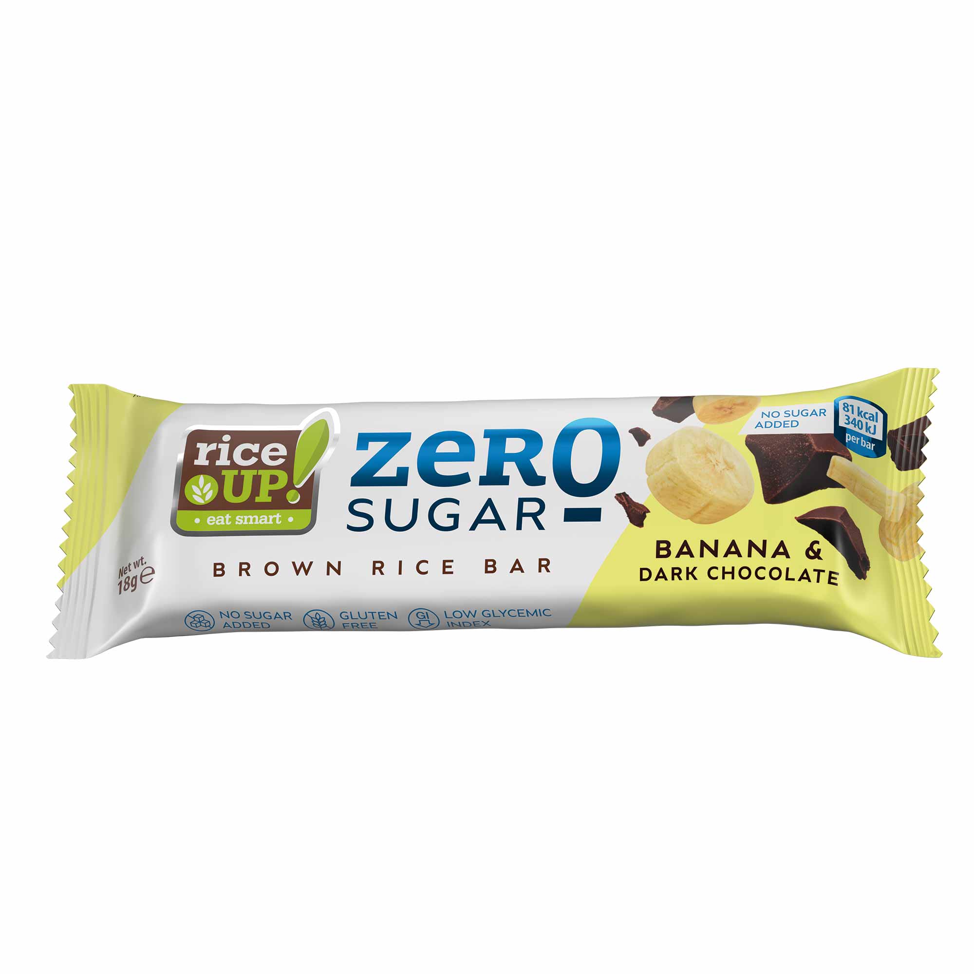 RiceUP! Zero Sugar Brown Rice Bar, Banana And Dark Chocolate, 18g