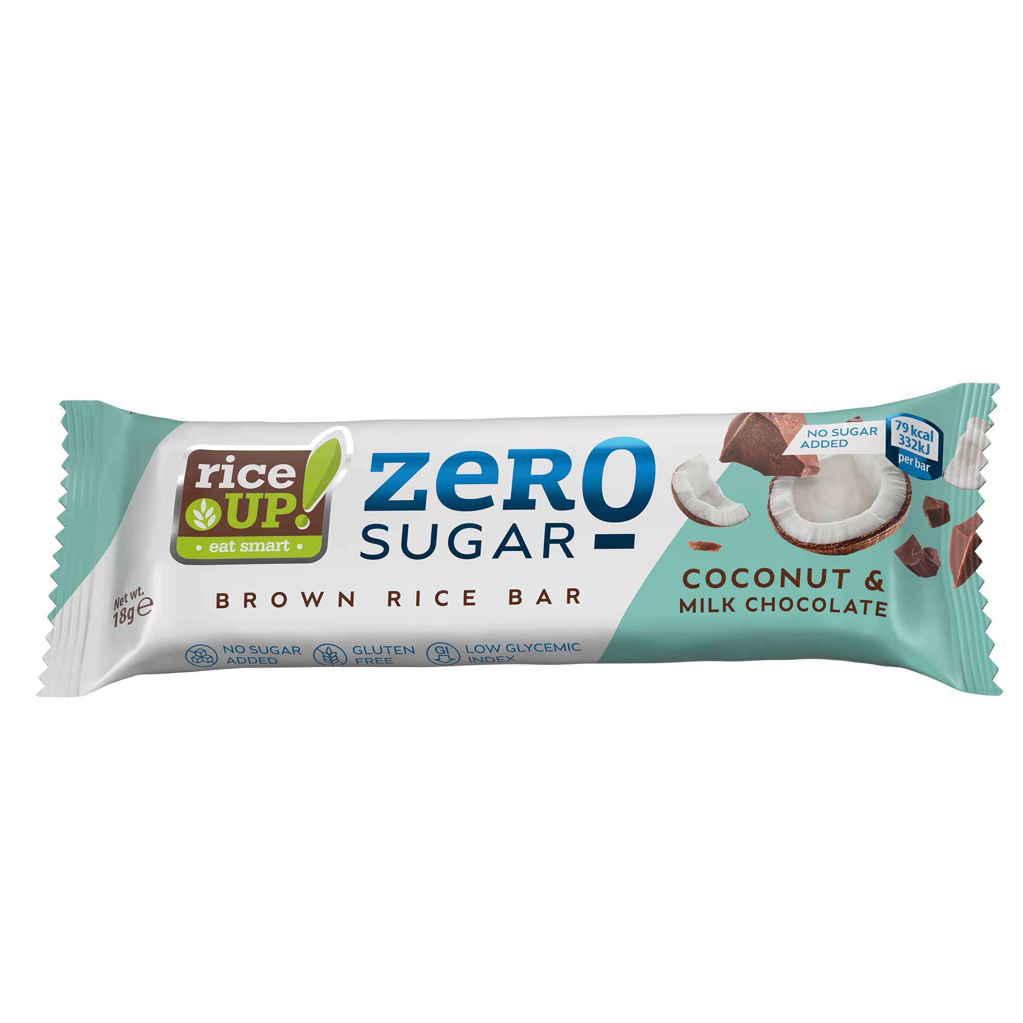 RiceUP! Zero Sugar Brown Rice Bar, Coconut And Milk Chocolate, 18g